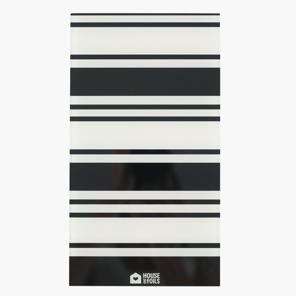 Retro Stripe balayage board showing the full black and white stripe pattern and House of Foils logo