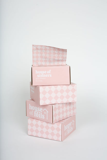 House of Sinners balayage hair foils close-up pink checker print