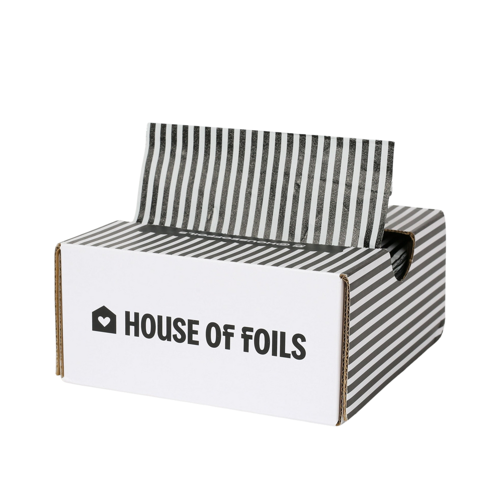 Open House of Midnight Stripe pop-up box with black and white pinstripe foil sheets