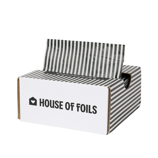 Open House of Midnight Stripe pop-up box with black and white pinstripe foil sheets