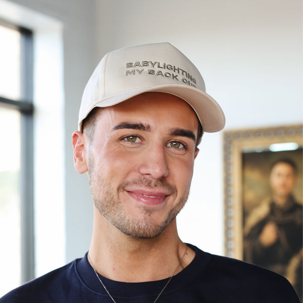 Babylighting My Back Out Hat embroidered text detail