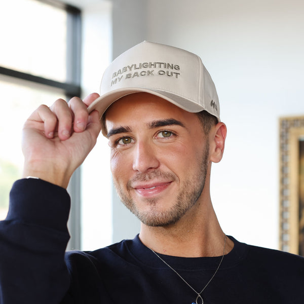 Tan beige Babylighting My Back Out Hat stylist headwear by House of Foils