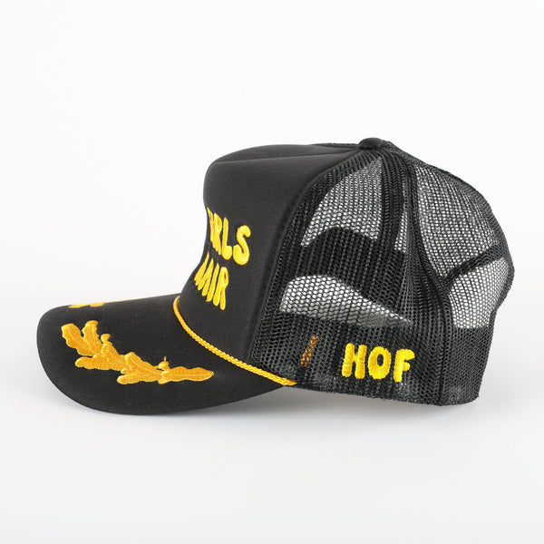 Back of the black Hot Girls Do Hair trucker hat showing the mesh panel and HOF brim detail