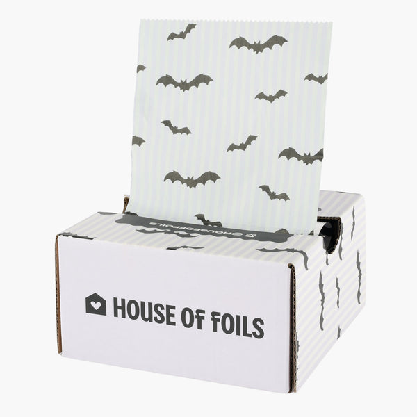 House of Batties 5x11 inch hair foil in white with a black bat print, shown on a House of Foils box