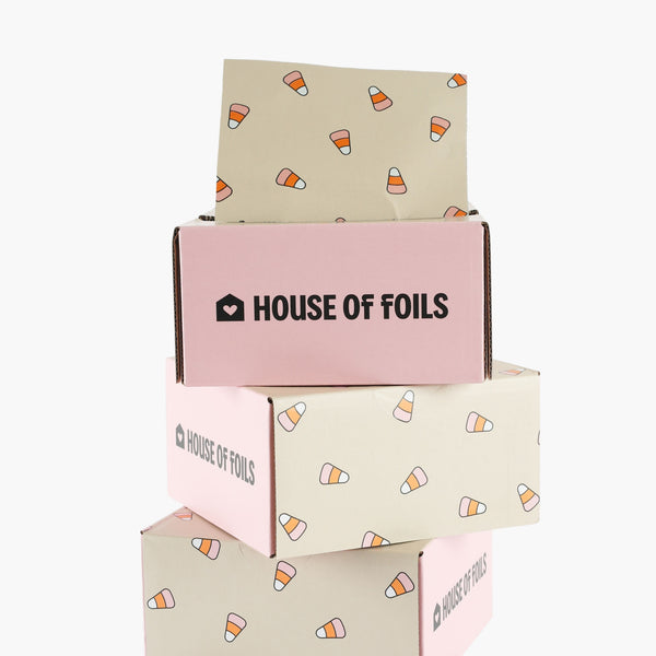 House of Candy Corn fall foil sheets fanned out showing candy corn print