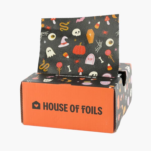 House of Monster Mash 6x12.5 inch hair foil in black with colorful Halloween icons, shown on an orange House of Foils box